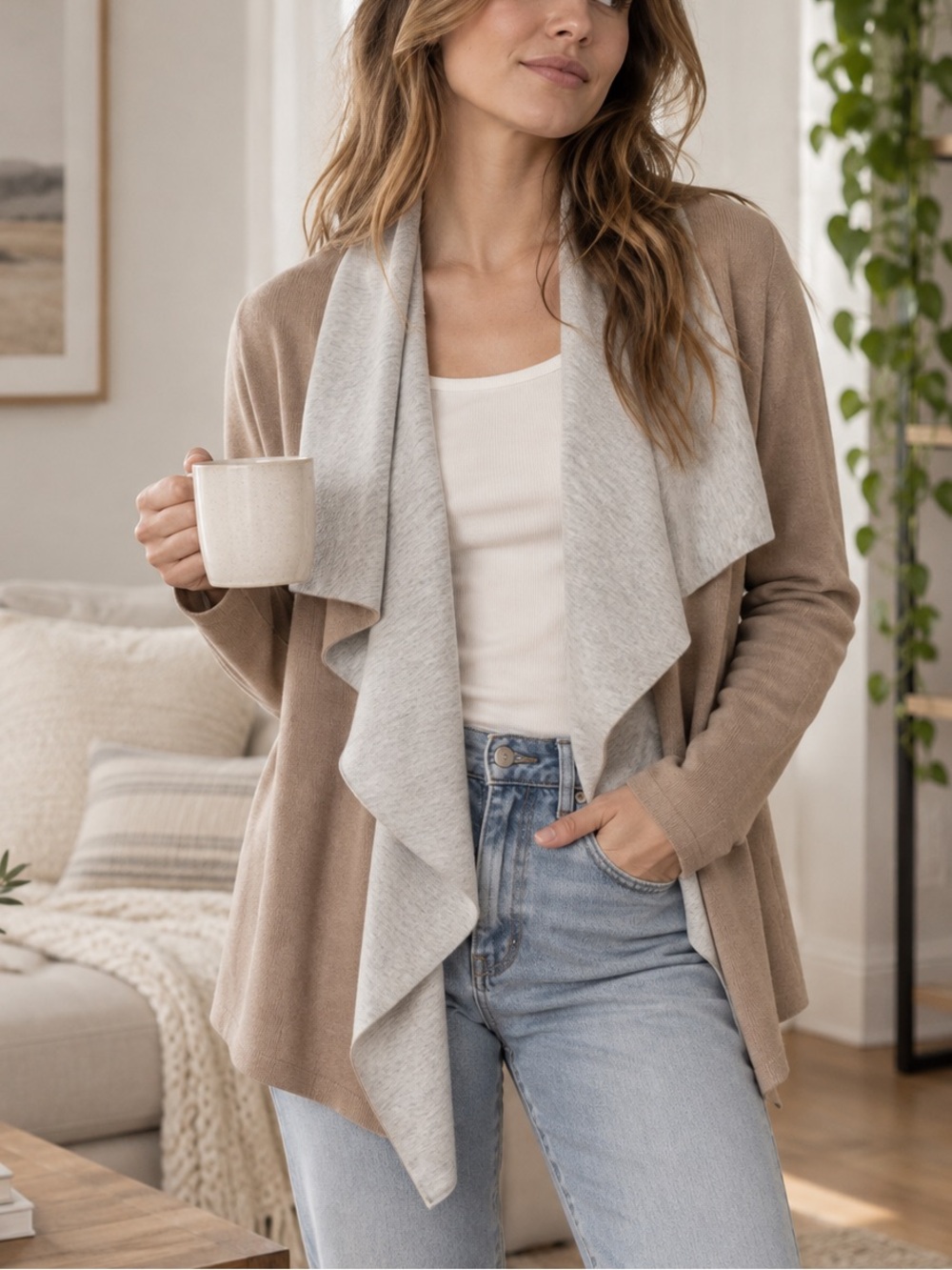 Atmosphere Heathered Beige & Grey Waterfall Drape Cozy Open Cardigan Sweater